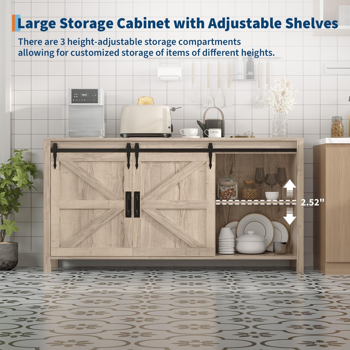 IDEALHOUSE 60" Farmhouse Sideboard Buffet with Storage Drawer & Sliding Barn Doors | Rustic Wood Coffee Bar Cabinet | Multi-Functional for Dining Room Kitchen, As TV Stand & Console Table