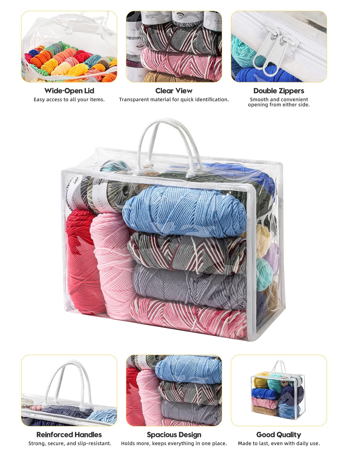 Remittur 6 Packs Large Yarn Storage Bags, Clear Yarn Storage Organizer with Zippers and Handles, Crochet Bag Knitting Bag for Knitting Needles Crochet Hooks-17.75 * 6.69 * 11.8 inches