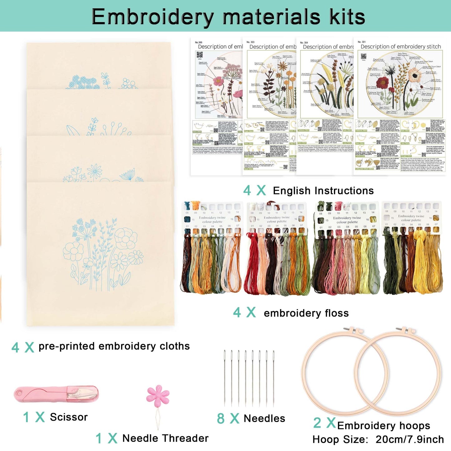 REEWISLY 4ps Embroidery Starter kit with Flowers Patterns and Instructions, DIY Adult Beginner Cross Stitch Kits, Including 2 Plastic Embroidery Hoop, 1 Pair of Scissors, Colored Threads and Needles