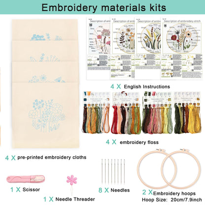 REEWISLY 4ps Embroidery Starter kit with Flowers Patterns and Instructions, DIY Adult Beginner Cross Stitch Kits, Including 2 Plastic Embroidery Hoop, 1 Pair of Scissors, Colored Threads and Needles