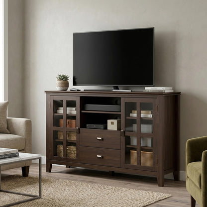 SIMPLIHOME Artisan TV Stand - 53 inch Wide Solid Wood Tall Media Console in Natural Aged Brown, Contemporary Entertainment Center for Living Room for TVs up to 60 Inches with Cable Management