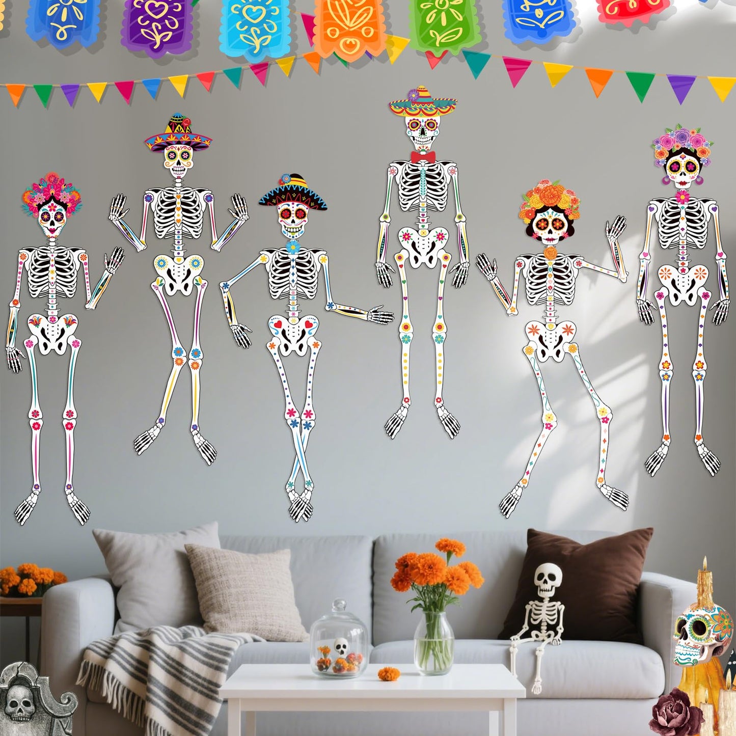 WinnerWhy 6 Pcs 51 Inches Large Halloween Jointed Skeletons Paper Cutout Day of The Dead Jointed Skeletons Hanging Decorations Dia De Los Muertos Party Supplies for Outdoor Mexico Sugar Skull Decor