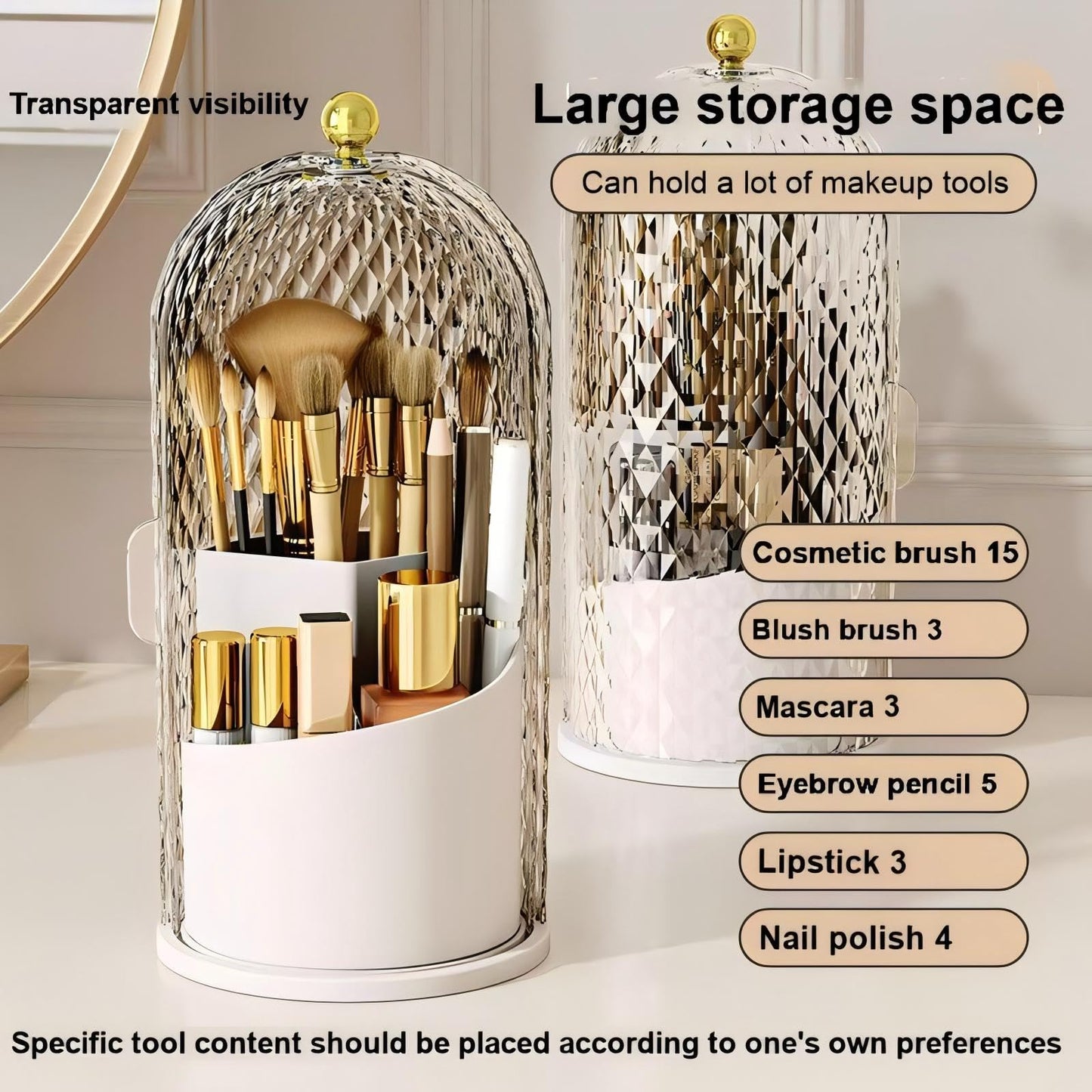 RONGZHIERK Makeup Brush Holder with Lid,Makeup Brush Storage Box with Diamond Pattern,360 Rotating Waterproof and Dustproof Beauty Brushes Storage for Vanity Bathroom,White