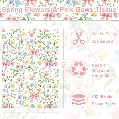 Ywdbzjhs 100 Sheets Tiny Spring Flowers and Pink Bows Tissue Paper, Coquette Bow Wildflowers Floral Gift Wrapping Paper for Botanical Valentine Birthday Wedding Baby Shower Supplies, 20'' x 14''