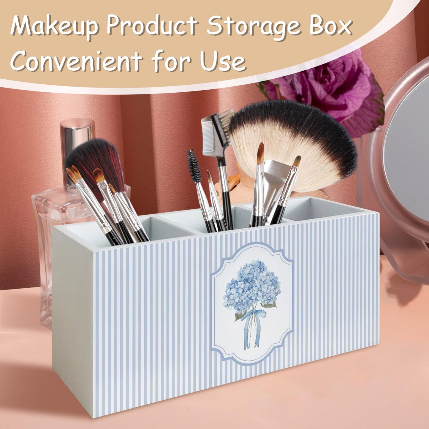 YTRGI Hydrangea Pen Pencil Holder Organizer for Desk, Hydrangea Gifts, Hydrangeas Kitchen Cooking Makeup Brush Utensil Holder, Blue and White Bow Floral Wooden Box Sign for Home Office Tabletop Decor