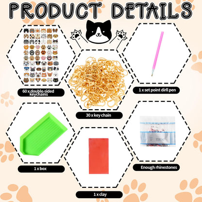 Huquary 60 Pcs Cat Dog Diamond Painting Keychain Animal Diamond Painting Keychain Kits for Aldults Double Sided 5d Rhinestones Hanging Key Chains Ornaments for Beginners DIY Crafts Party