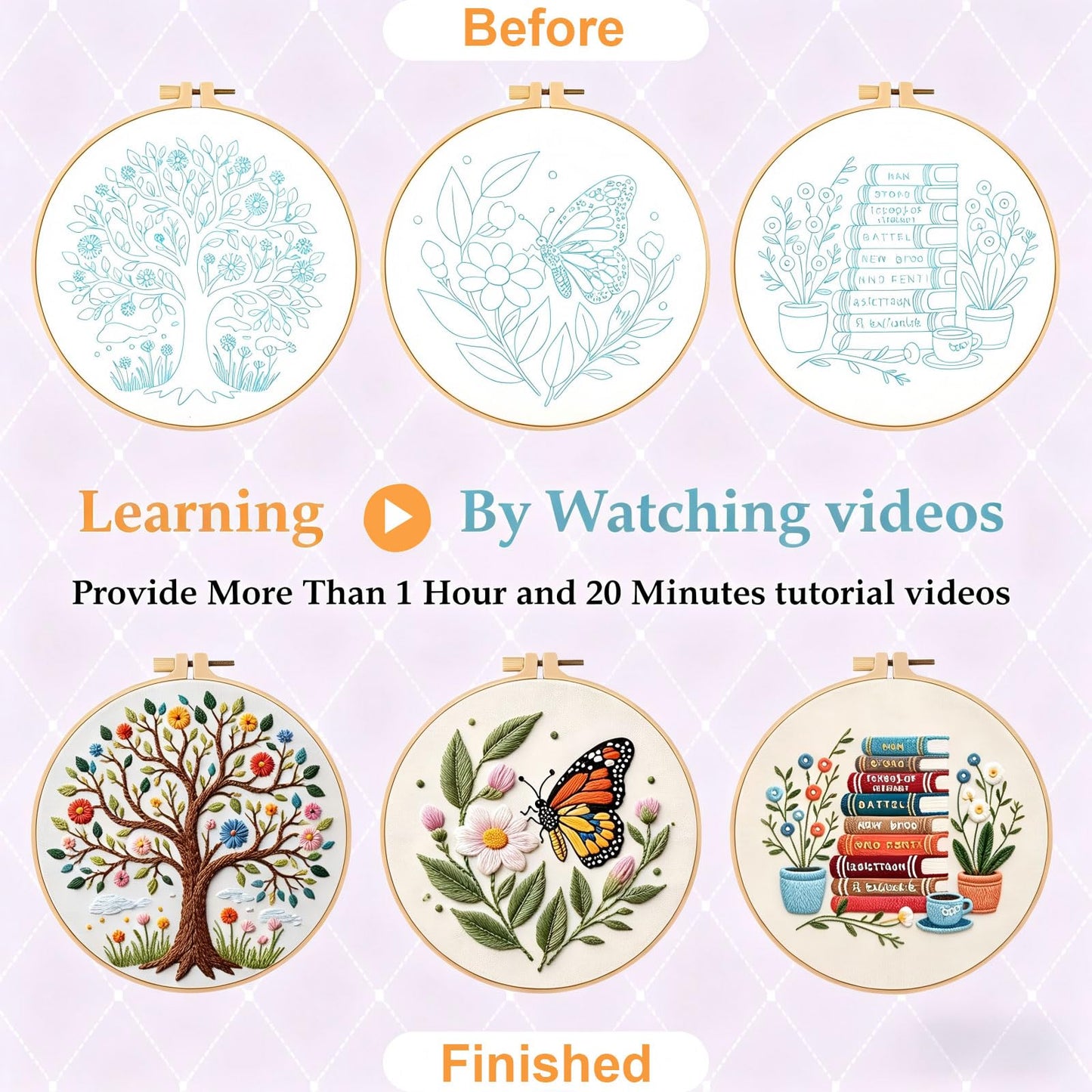 FEIYUENO Beginner Embroidery Kit for Adults, 3-Pack Easy Needlepoint Starter Kits with Pre-Stamped Book Embroidery Patterns, 7.8" Hoop, Floss & Needles, Step-by-Step Guide (Book Tree)
