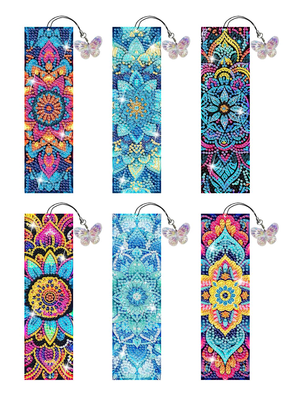 Puraikcmi 6 PCS 5D DIY Diamond Art Bookmarks,Mandala Diamond Painting Bookmarks Kits with Tassels Acrylic, Rhinestone Crafts Decoration Gift Set for Book Lovers Beginners & Adults