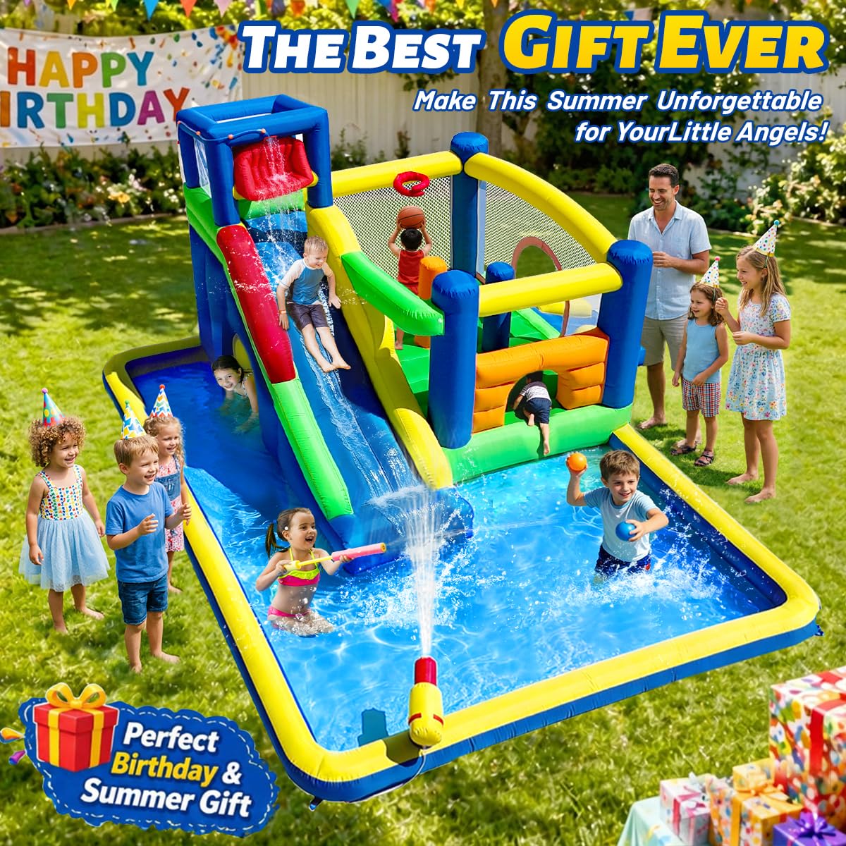 Umbalir 14.3x13.5FT Giant Inflatable Water Slide & Bounce House, 10-in-1 Water Park with Big Splash Pool, Long Slide, Secret Tunnel & Crawl-Through, Kids Backyard Bouncy Castle, Blower Included