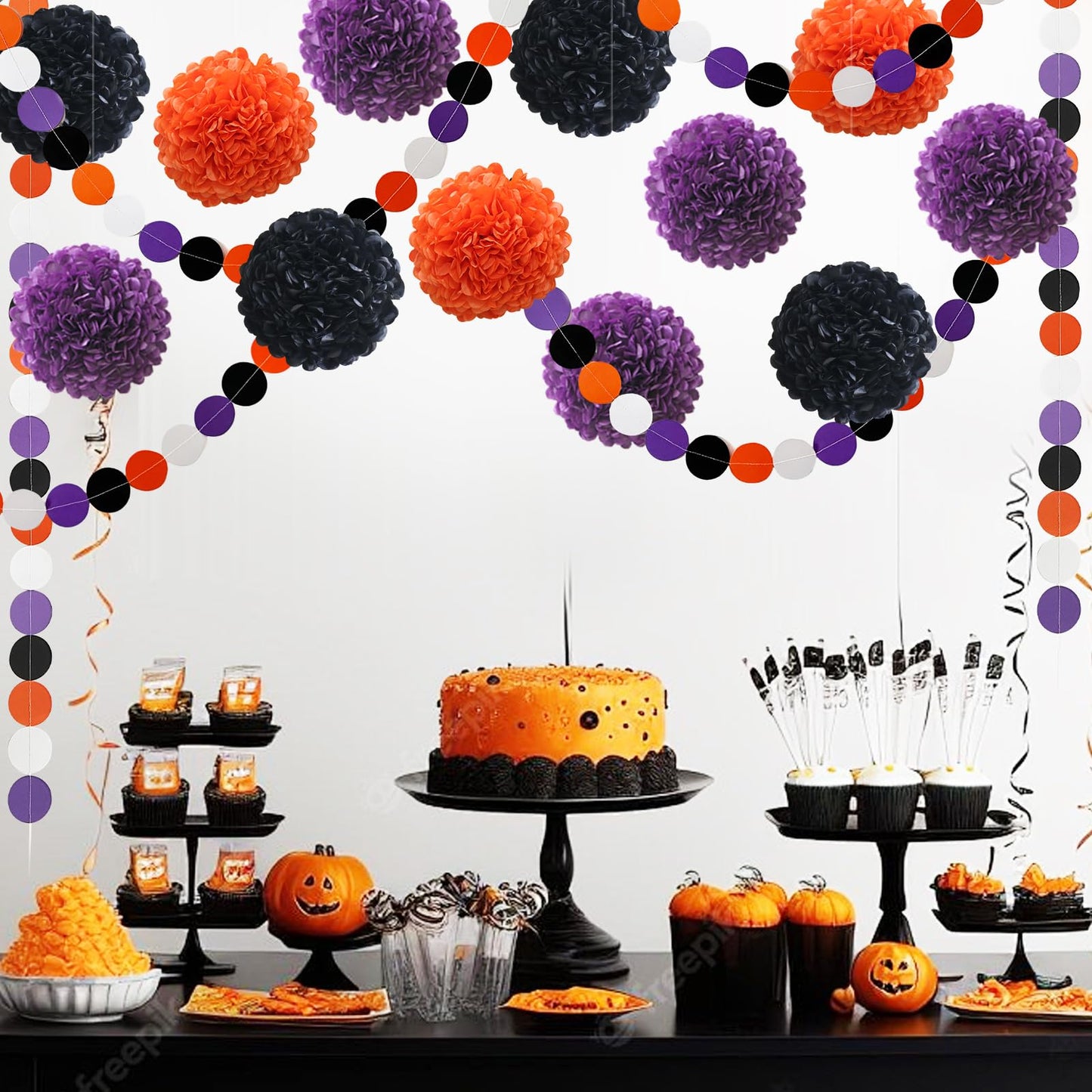 Halloween Decorations Party Black Purple Orange Tissue Paper Pom Poms Polka Dot Garlands for Halloween Baby Shower Classroom 18 pcs