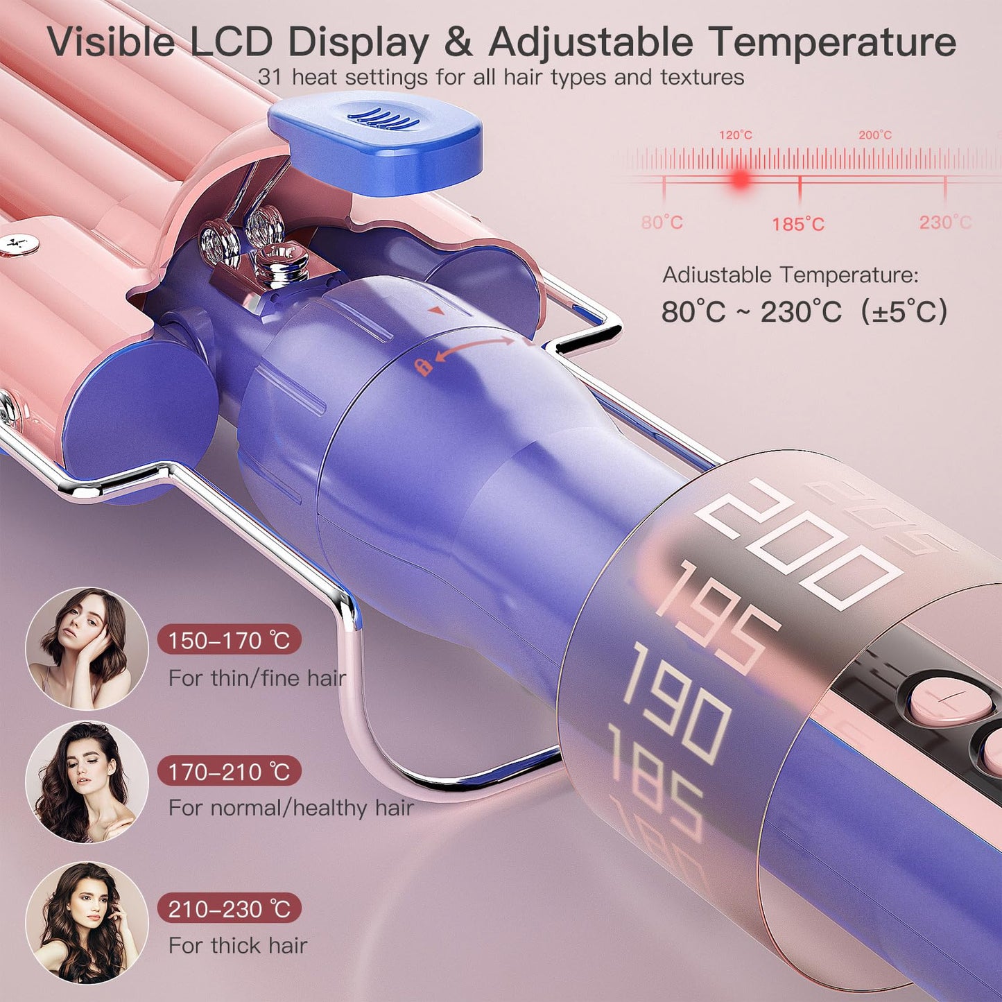 Brightup Curling Iron Wand Set, 5 in 1 Hair Curler with 3 Barrel Crimper, Fast Heat Up Curling Wand for All Hair Types with LCD Display, Gifts for Women