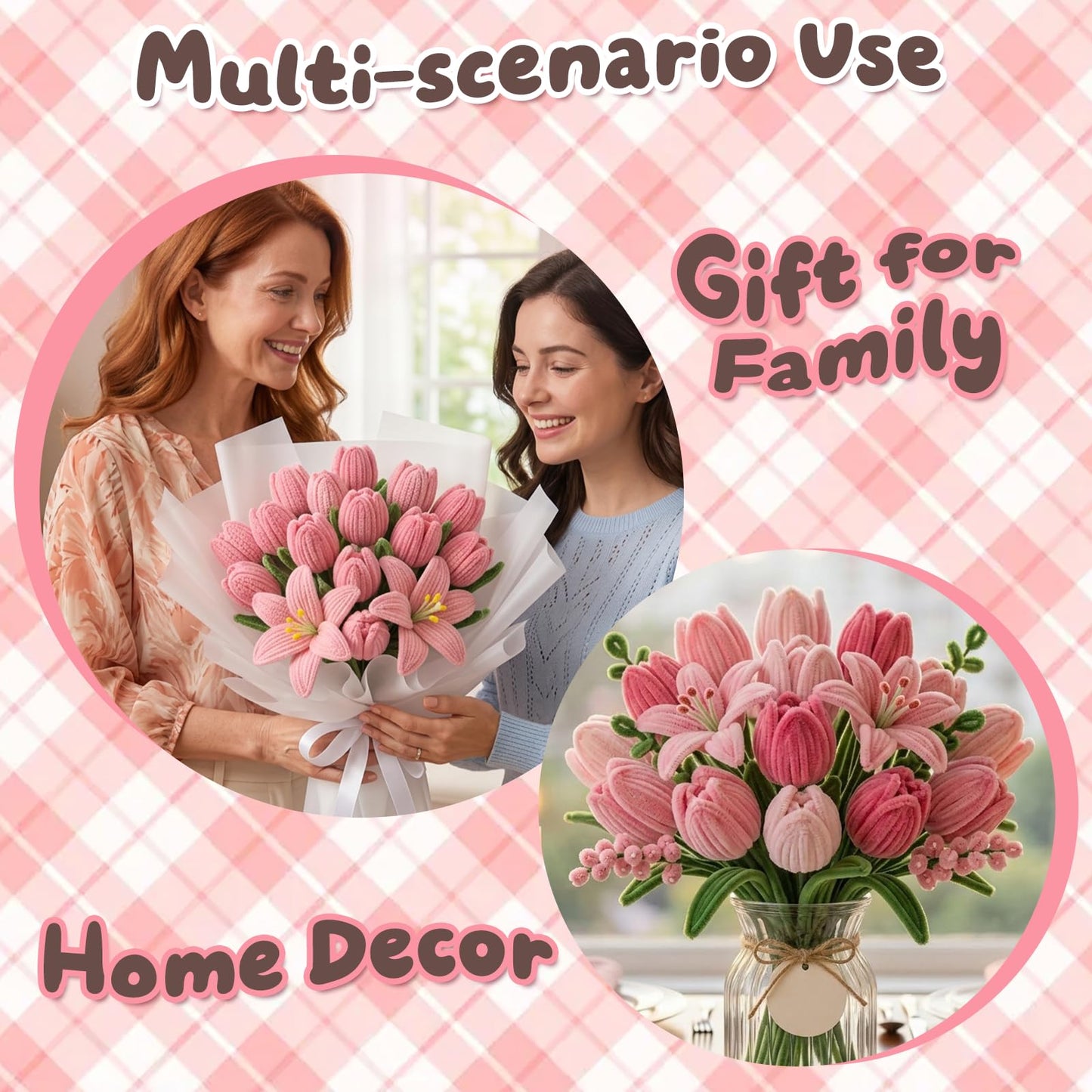 houlishu 400 Pcs Pipe Cleaners Craft Kit - 300 Pink 100 Green Chenille Stems with Floral Wires Stamens Ribbon Adhesive Tapes for DIY Flower Making