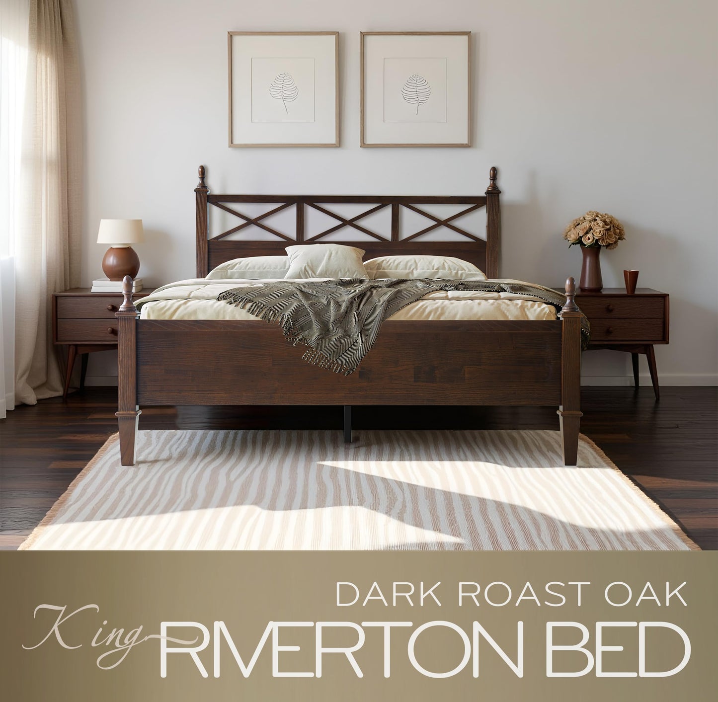 King Size Solid Wood Platform Bed Frame with Headboard & Footboard, 12 Durable Slatted Base with Metal Legs, Easy Assembly, Slip-Free & Anti-Noise, No Box Spring Needed, Dark Roast Oak Finish RIK-32