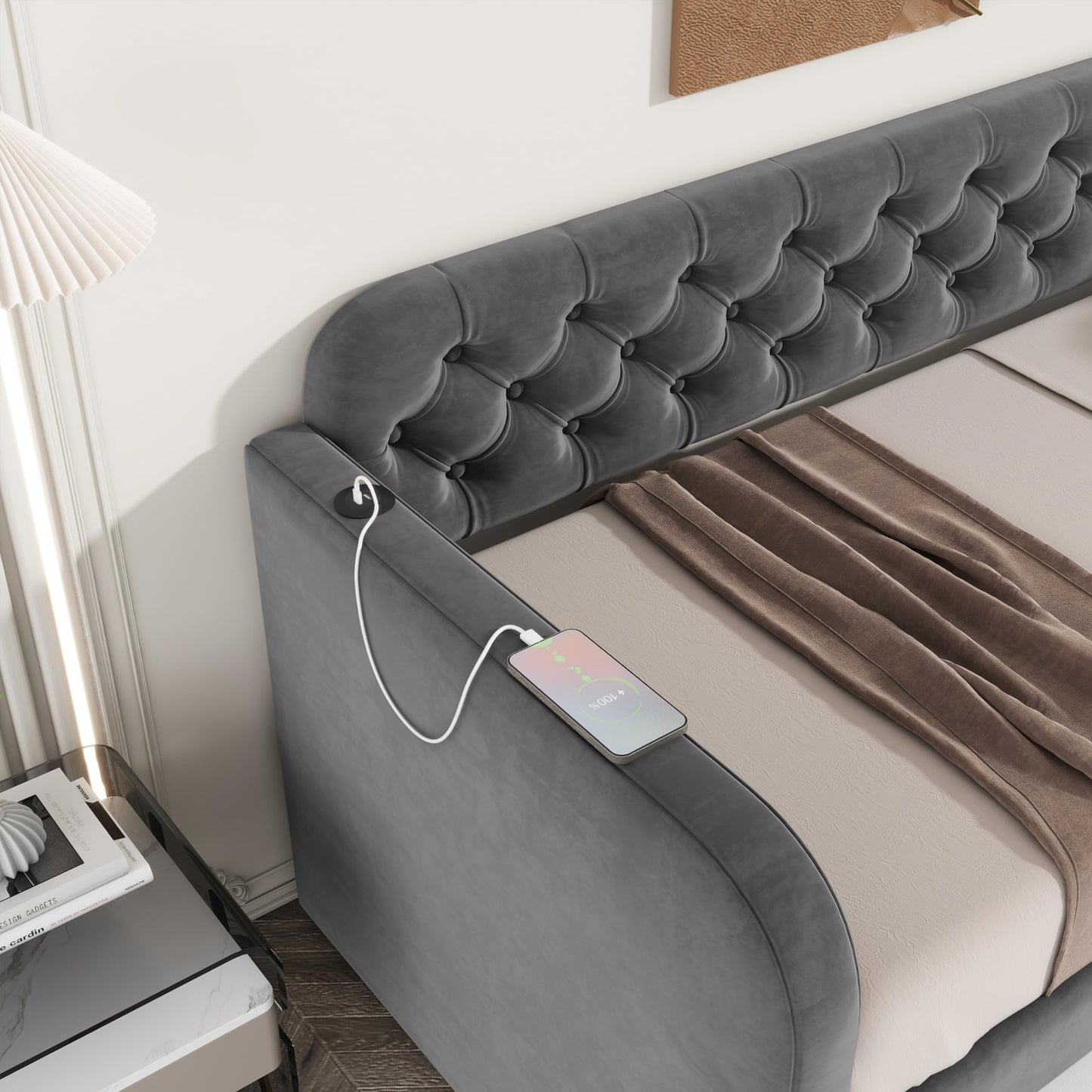 Ball & Cast Twin Size Daybed W/Trundle,Velvet Day Bed with Pop Up Trundle Bed W/USB Charging Ports,Upholstered Sofa Bed W/Back,No Box Spring Needed,for Bedroom,Guest Room,Dark Gray