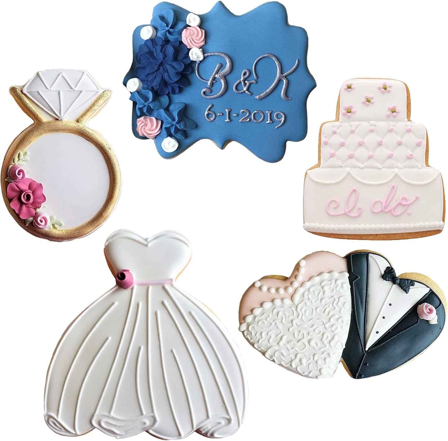 Ann Clark Wedding Cookie Cutters 5-Pc Set Made in the USA - Square Plaque, Wedding Cake, Dress, Diamond Ring, Double