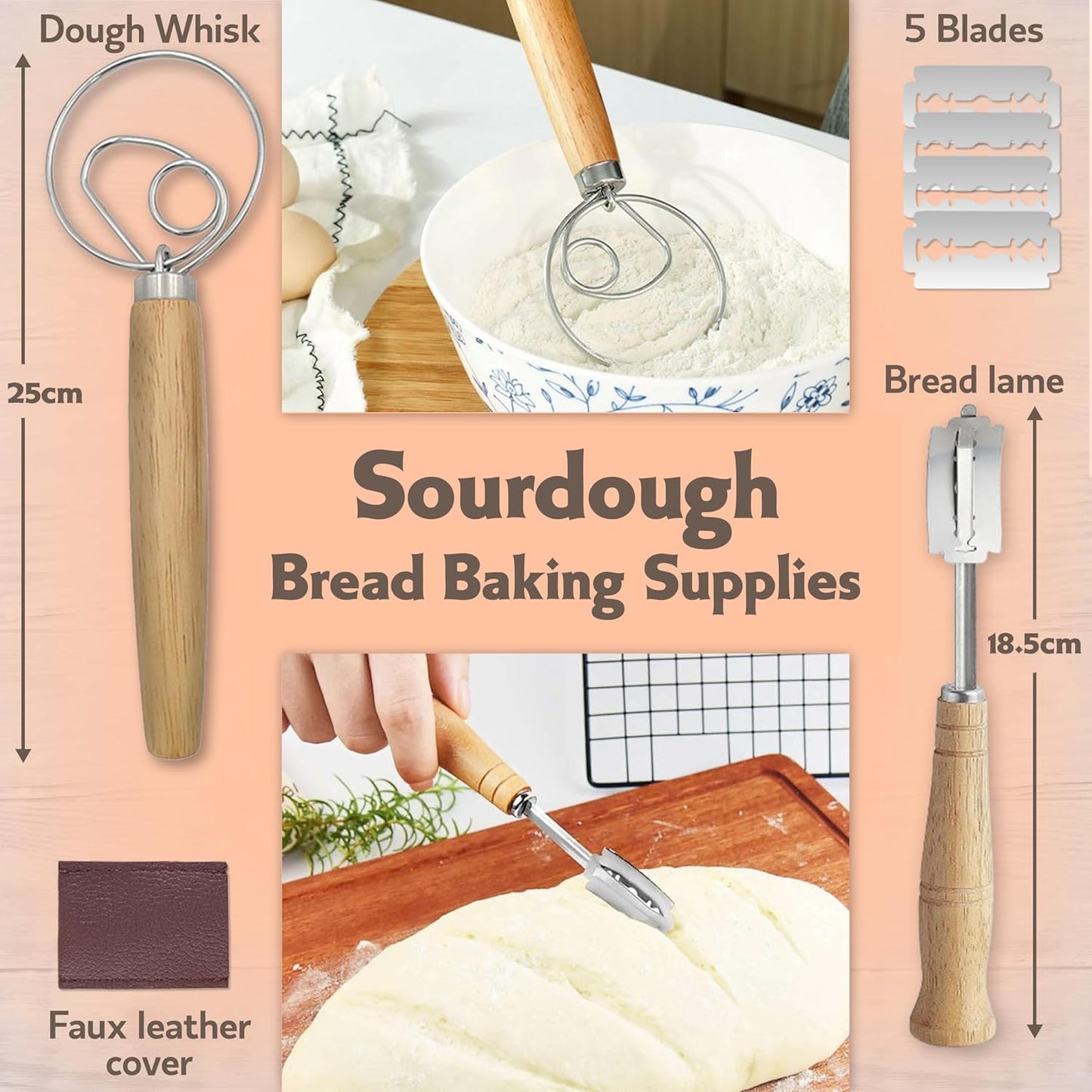 Bread Proofing Basket Set, 9 Inch Round Banneton with Scraper & Lame for Sourdough Bread Baking