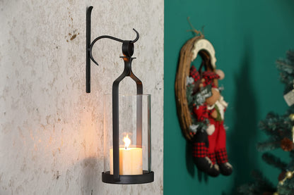 Souliron Hanging Hurricane Glass Wall Sconce Candle Holder Black Metal Wall Decorations HLJ15-291B