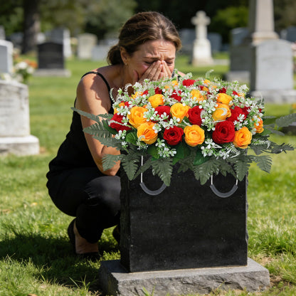 Lodou Artificial Cemetery Flower Saddles for Graves – 10 Pcs Silk Fern & 40 Realistic Rose Blossoms with Metal Headstone Holder –Resistant Memorial Flowers for Tombstone Decor (Red Yellow)