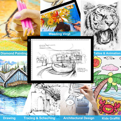 A4 LED Light Pad for Tracing, Adjustable Brightness Drawing Light Board forDiamond Painting, Vinyl Weeding, Sketching & Tattoo Transfer, USB PoweredEye-Care Light Box for Kids & Artists
