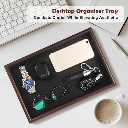 Zosenley Wooden Valet Tray - Stylish Leather Base Nightstand Organizer for Keys, Wallet, Phone & Jewelry (Black)