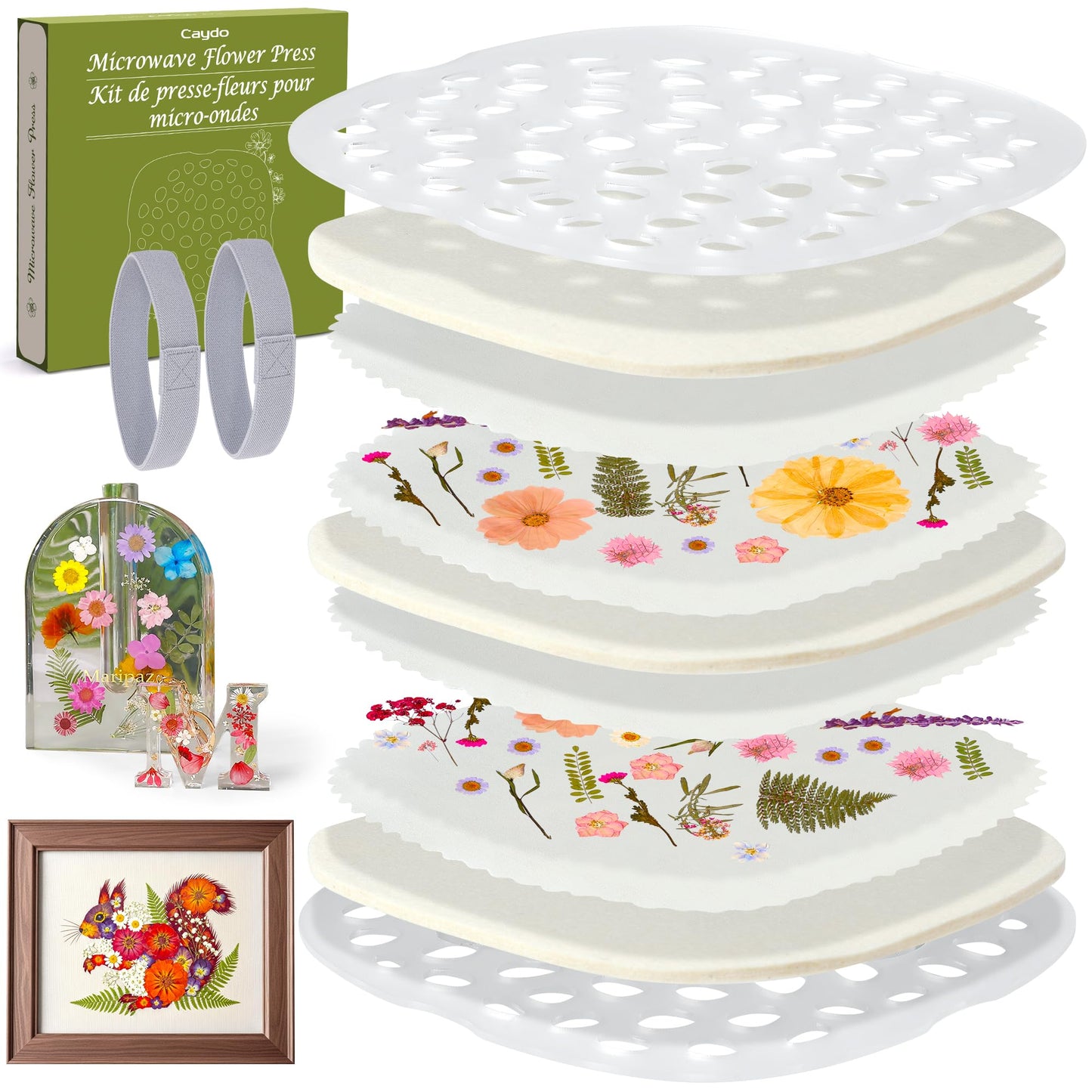 Caydo Microwave Flower Press Kit for Pressed Flower Art, 9" 2 Layers Portable Quick & Easy Flower Pressing Kit with Resusable & Washable Cloth, Color Retention Flowers Preservation for Craft Projects