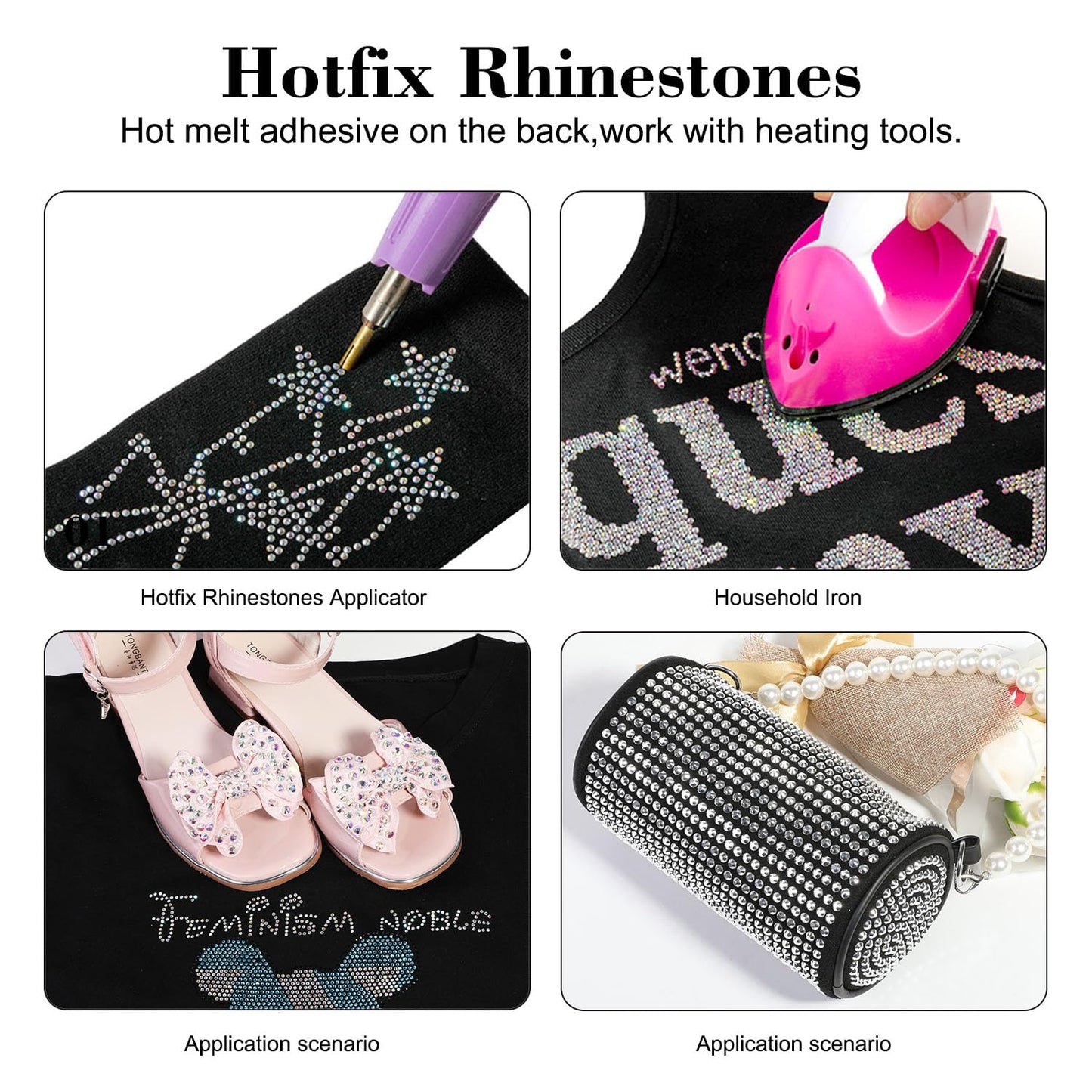 BEADSLAND Hotfix Rhinestones, 6080PCS Clear Rhinestones for Clothes Crafts Mixed 6 Sizes with Wax Pencil and Tweezers Kit, SS6-SS30, Crystal