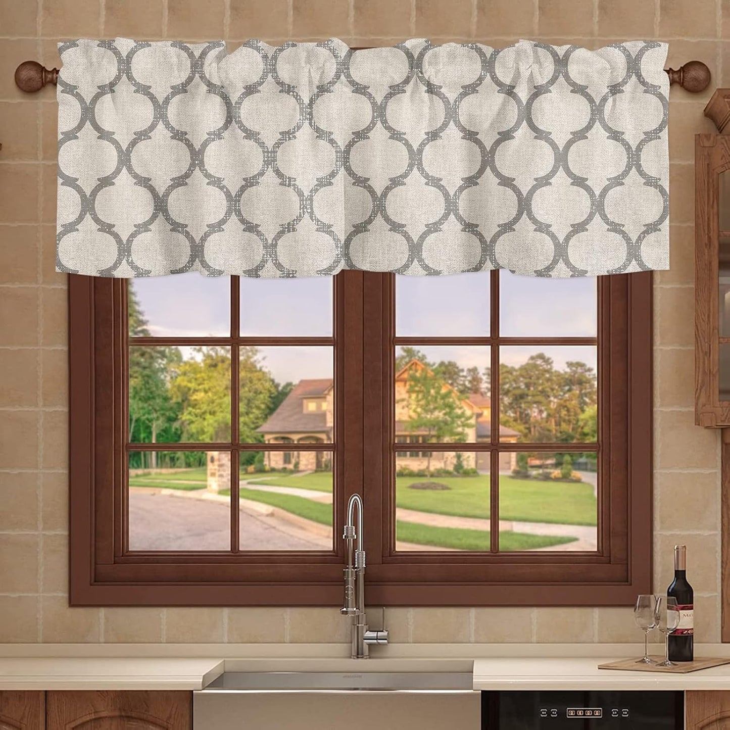 Hostline 42"x12" Valances Curtains for Living Room Farmhouse Burlap Texture Vintage Moroccan Semi Sheer Valance