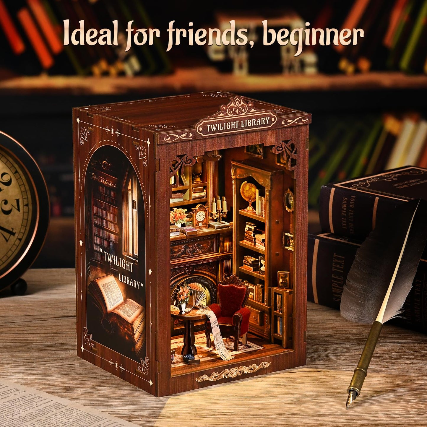 KERNOWO Book Nook Kit, DIY 3D Wooden Puzzles for Adults, Teens and Beginners, Miniature Tiny House Kit for Bookshelf Decor, Bookish Gift for Family, Friends, Book Lovers (Library)
