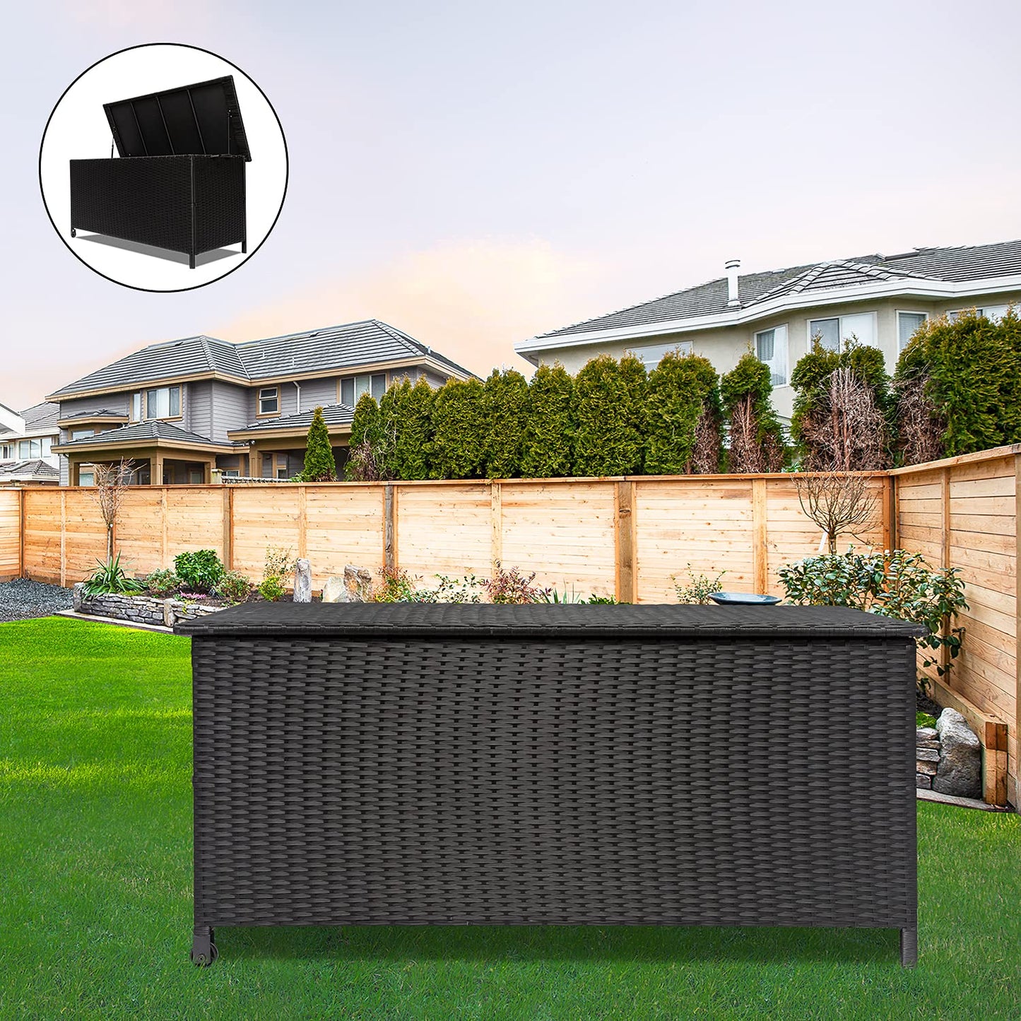 Celah 120 Gallon Outdoor Deck Box Storage Container, Rattan Wicker Storage Box with Handles and Wheels for Patio Furniture Cushions, Garden Tools, Pool Accessories (Black)