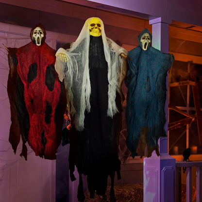 JOYIN 3 Pack Hanging Skeleton Ghost Halloween Decorations,Grim Reapers for Halloween Outdoor Decorations(One 35" Hanging Ghost Skeleton and Two 25" Hanging Reapers)