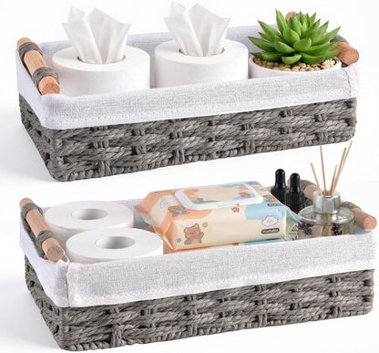 HomeHacks Storage Baskets - 2 Pack Decorative Paper Rope Bins with Handles for Organizing - Grey