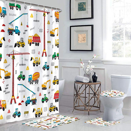 GRIEKOWE 4 Sets, Bulldozer Set, 72x72in Pcs Excavator Kids Shower Curtain Tractor Machinery Trucks, Construction