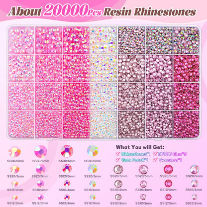 20000Pcs Pink Rhinestones for Bedazzling Kit with 3Pcs B7000 Jewelry Glue, Resin Rhinestones for Crafting Crafts，Bedazzler Kit Flatback Gems for Clothing Shoes Tumblers Nail Art