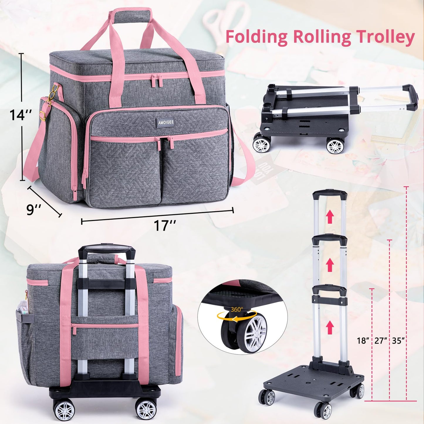 AMOIGEE Rolling Tote Bag with Wheels and Handle, Sewing Machine Case, Craft Organizer Tote for Scrapbooking Storage, Teacher Rolling Bag, Craft Supply Storage, Art Bag, Rolling Cart for Teachers