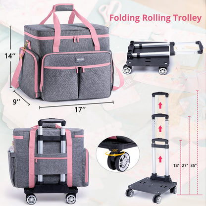 AMOIGEE Rolling Tote Bag with Wheels and Handle, Sewing Machine Case, Craft Organizer Tote for Scrapbooking Storage, Teacher Rolling Bag, Craft Supply Storage, Art Bag, Rolling Cart for Teachers