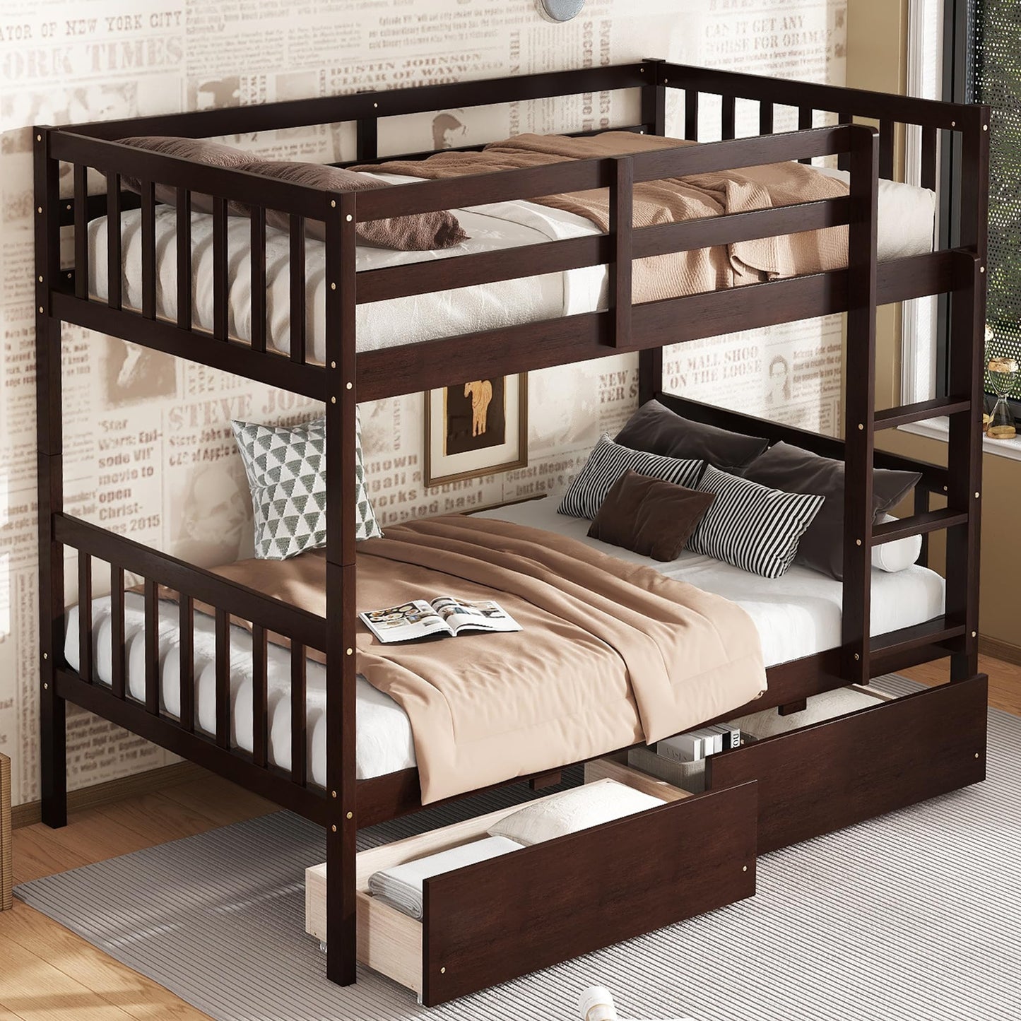 MERITLINE Wood Bunk Bed with Drawers, Convertible Bunk Bed with Ladders and Two Storage Drawers, Solid Wood Detachable Bedframe with Guardrails, Twin Over Twin, Espresso