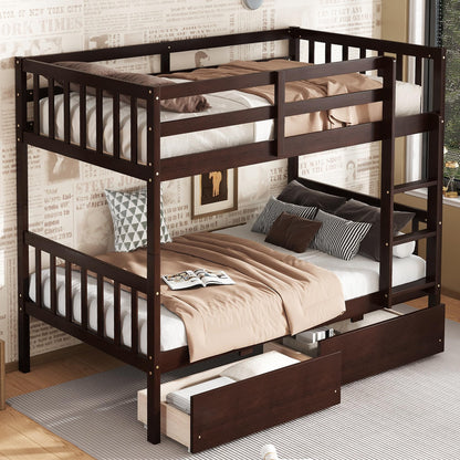 MERITLINE Wood Bunk Bed with Drawers, Convertible Bunk Bed with Ladders and Two Storage Drawers, Solid Wood Detachable Bedframe with Guardrails, Twin Over Twin, Espresso