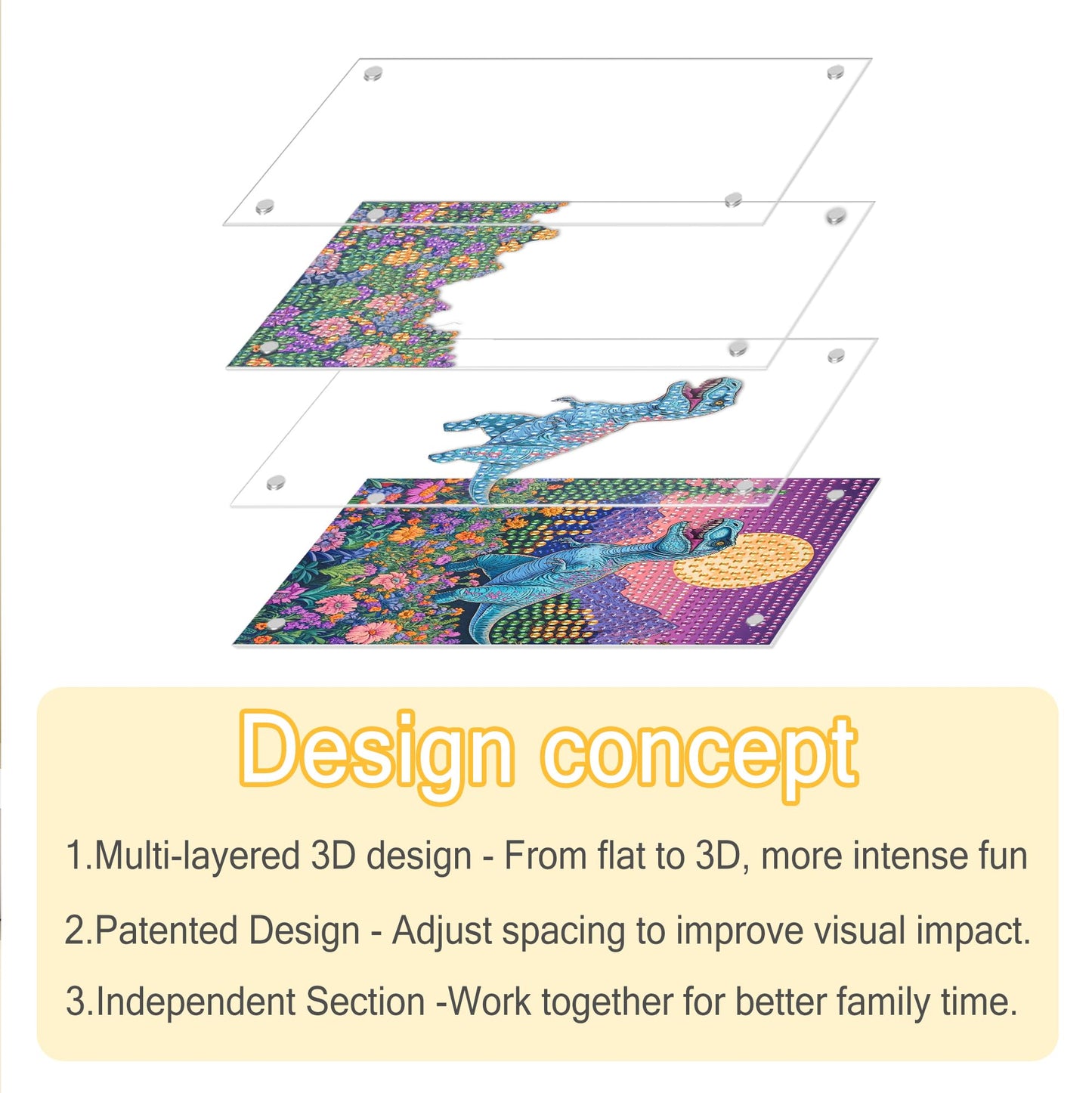 Ginfonr DIY Acrylayers Diamond Art Painting Kit for Adults, Dinosaurs 4-Layer Acrylic Magnetic Diamond Painting Stand Up Tabletop Decor with Dynamic Depth Effect, Home/Office Craft Gift 4x6 inch