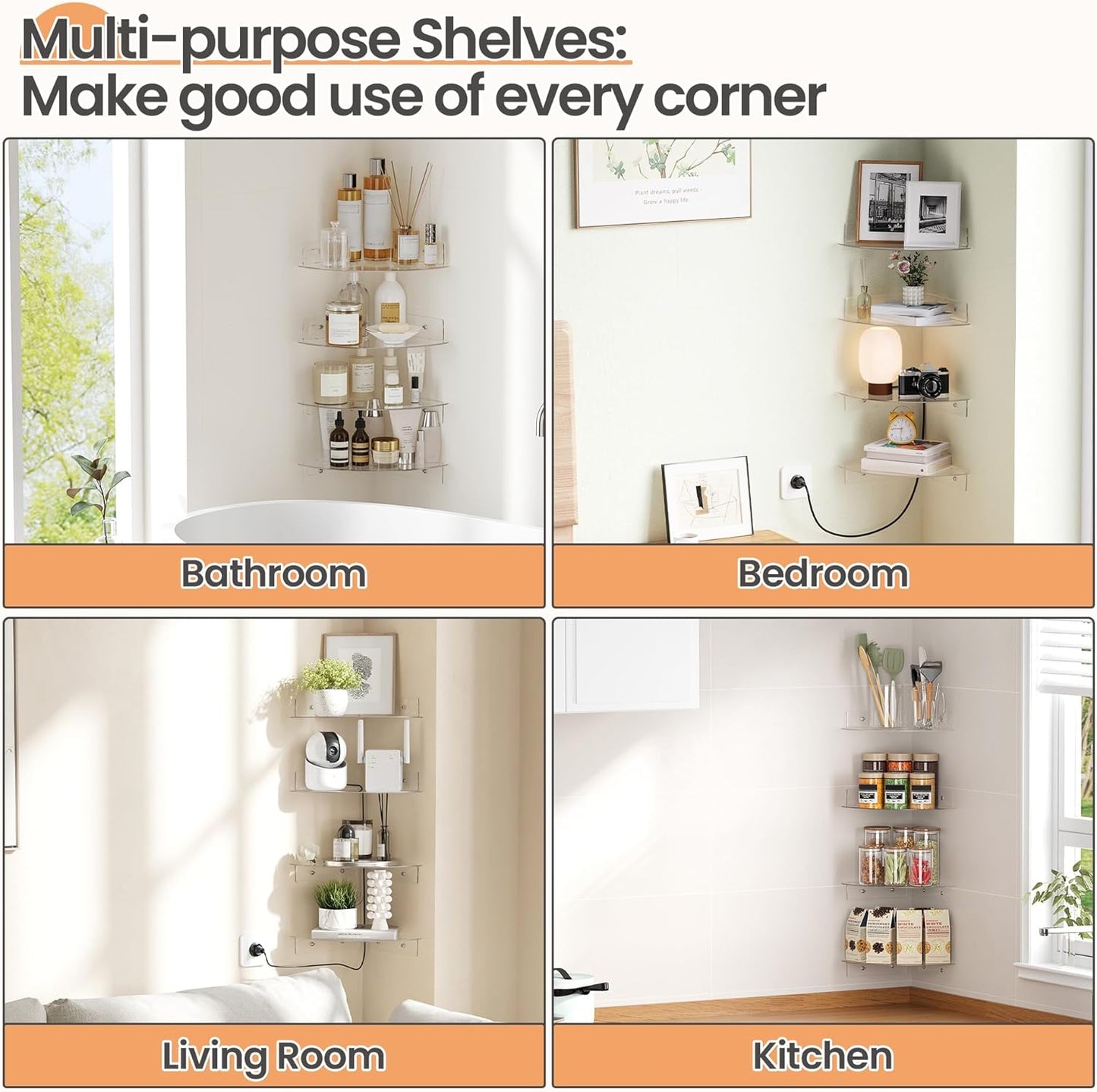4 Pack 10 upsimples Acrylic Corner Floating Shelves, in Clear Hanging Shelves with Cable Management Design, Wall