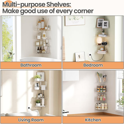 4 Pack 10 upsimples Acrylic Corner Floating Shelves, in Clear Hanging Shelves with Cable Management Design, Wall
