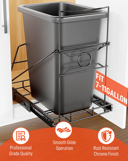 pbugac Pull Out Trash Can Holder, Adjustable Heavy Duty Cabinet Slide Out Kit for 7-11 Gallon Trash Cans, Under Sink Trash Can Rack with Smooth Ball Bearing Slides, Black, Trash Can Not Included