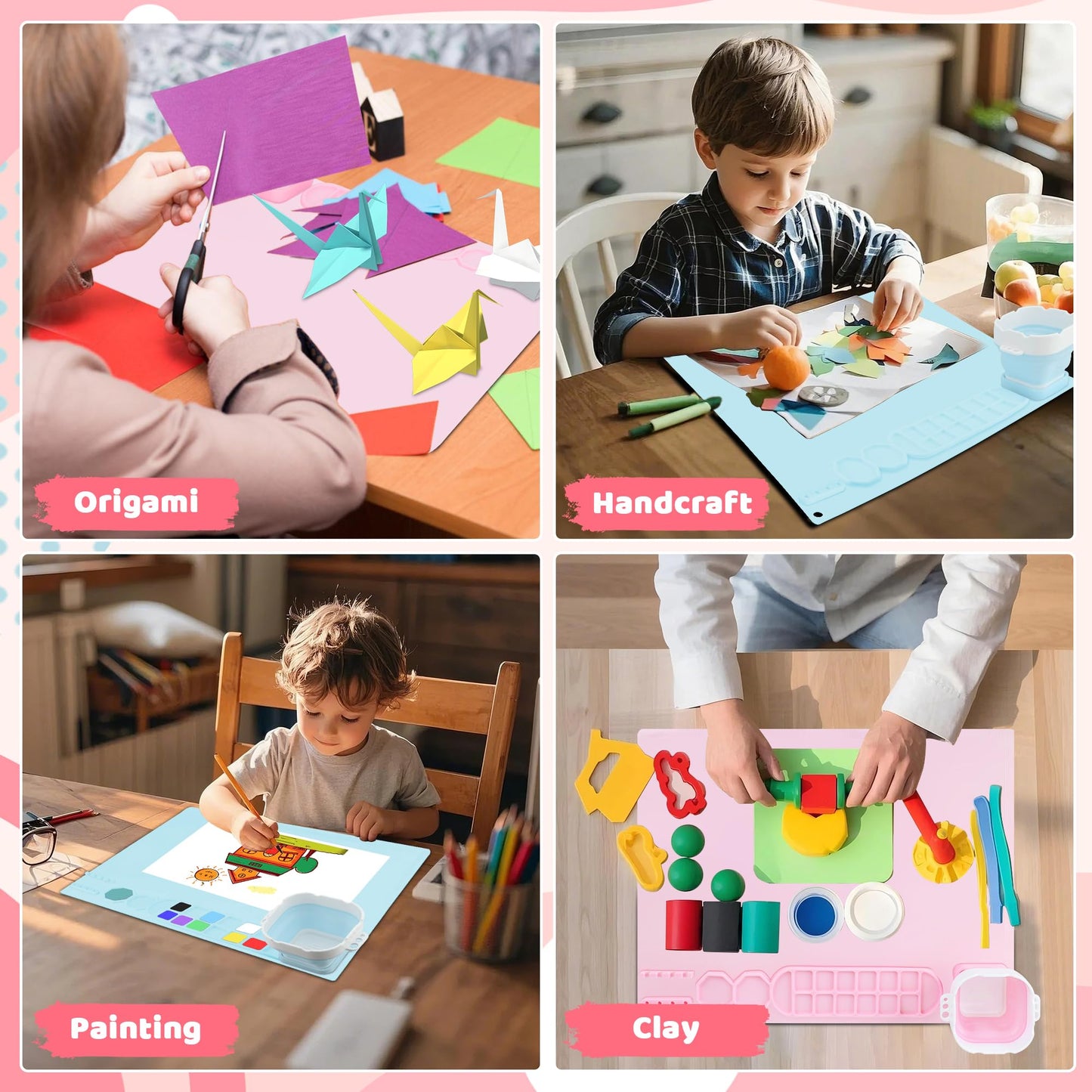 MEKOTRIN 2PCS Silicone Painting Mat, 20"X16" Art Mat with Cup and Palettes, Silicone Craft Mat has 16 Color Dividers, Paint Mat for Artist Clay DIY Creations(Pink+Blue)