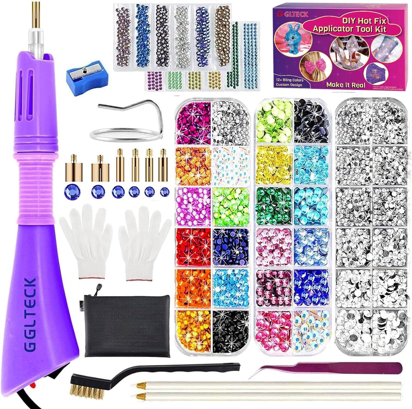 GLTECK Hotfix Applicator, Bedazzler Kit with 5784 PCS Rhinestones for Crafts, DIY Hot Fix Rhinestone Applicator Wand Setter Tool with 7 Tips, 6 Pattern Templates, Gloves, Tweezers & Cleaning Brush