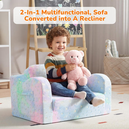 2-in-1 MeMoreCool Glowing Pastel Rainbow Kids Chair, Foldable Kids Couch and Kids Sofa for Playroom Nursery, Soft Foam