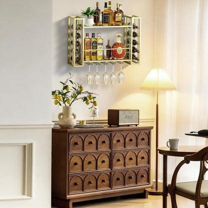 FLRH Metal Wall Mounted Wine Rack, Hanging Floating Bottle Holder with Glass Rack, Wall Display Storage Shelf for Home Bar, Dining Room, Kitchen, Gold