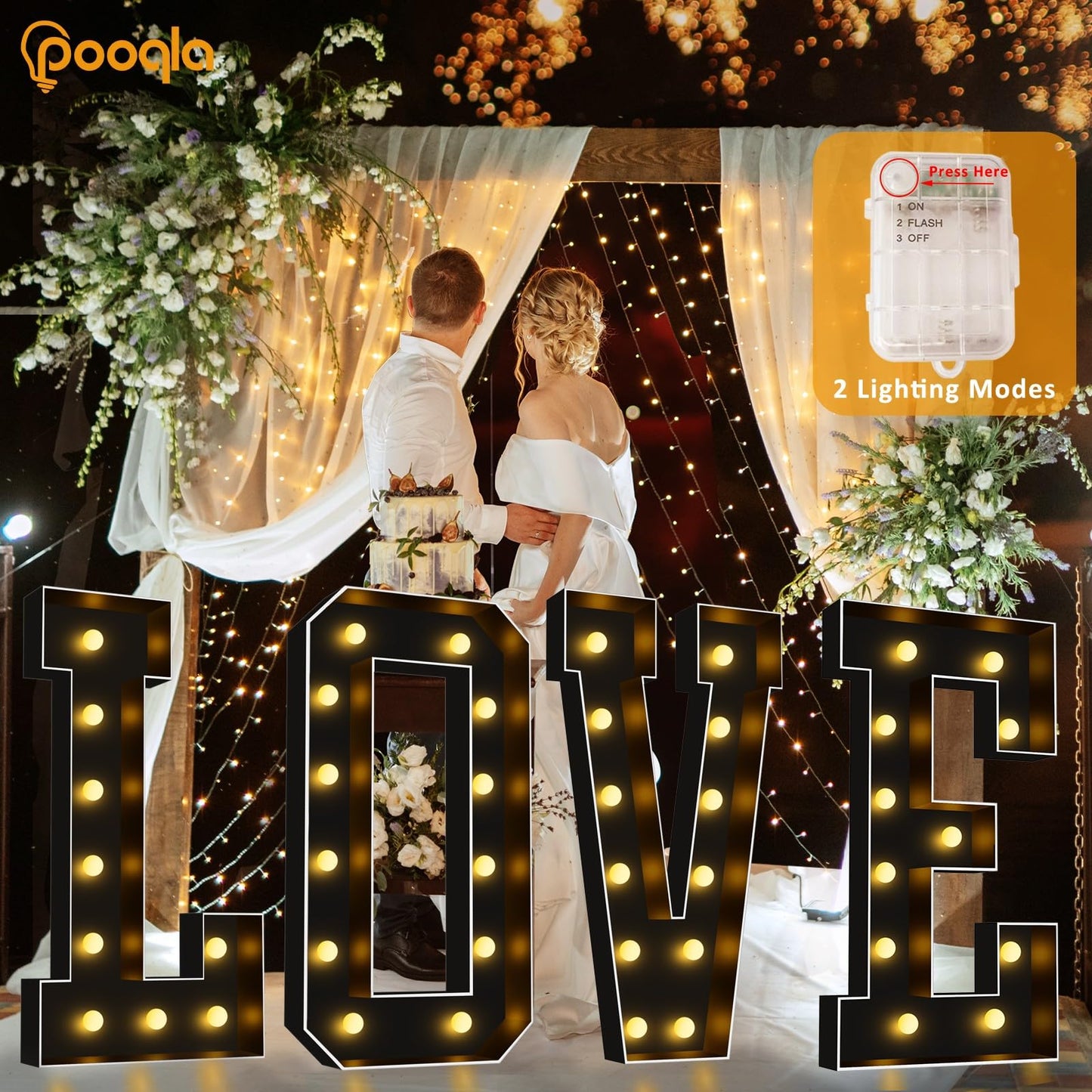 Pooqla 4 FT Marquee Light Up Letters, Black Letter Lights 4 Feet Tall, Giant Sign Big Mosaic for Balloons Birthday Party Anniversary Wedding Decorations, Warm White J