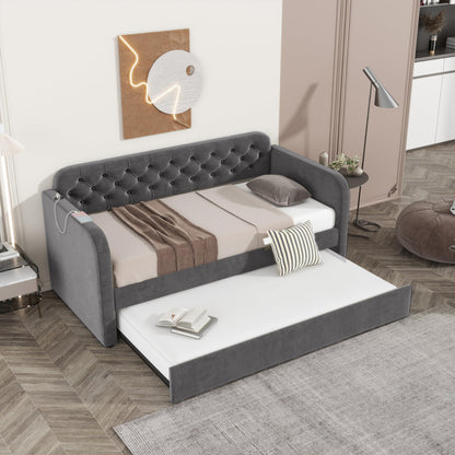 Ball & Cast Twin Size Daybed W/Trundle,Velvet Day Bed with Pop Up Trundle Bed W/USB Charging Ports,Upholstered Sofa Bed W/Back,No Box Spring Needed,for Bedroom,Guest Room,Dark Gray