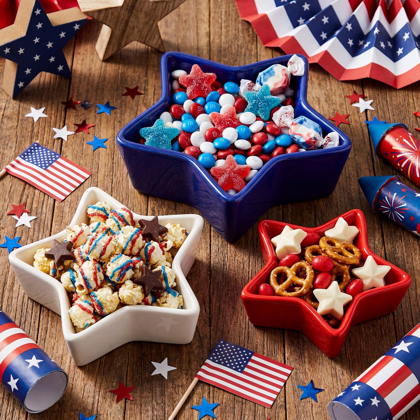 Yungyan 3 Pcs 4th of July Serving Bowls Red White Blue Patriotic Star Shaped Ceramic Nesting Prep Bowls Set 3-Size Serving Dishes for American Independence Day Memorial Day Summer BBQ Kitchen Dining