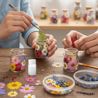 Mimorou 162 Pcs DIY Dried Pressed Flowers Mason Jar with Cork Lids Set 140 Natural Real Pressed Flowers 20 Small Glass Favor Jars 3.5 oz Making Favor for Wedding DIY Candle Craft