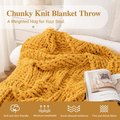50"x60" Bunnikins & Clover Mustard Yellow Throw Blanket for Couch, Chunky Knit Gold Blanket Throw with Chenille Yarn